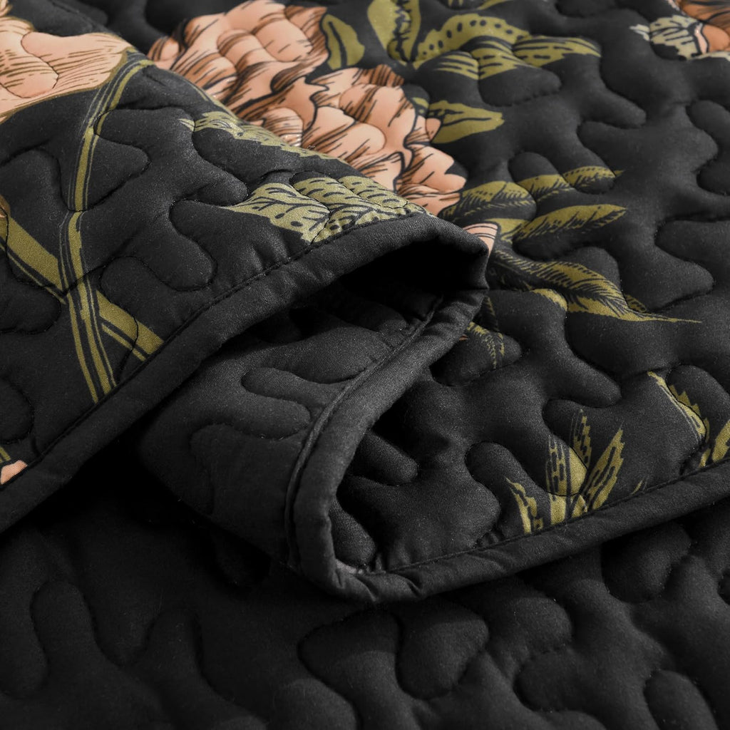 Floral Black Quilt - 3 Pieces Botanical Birds Pattern Quilt Bedding, Lightweight Soft Coverlet for All Seasons