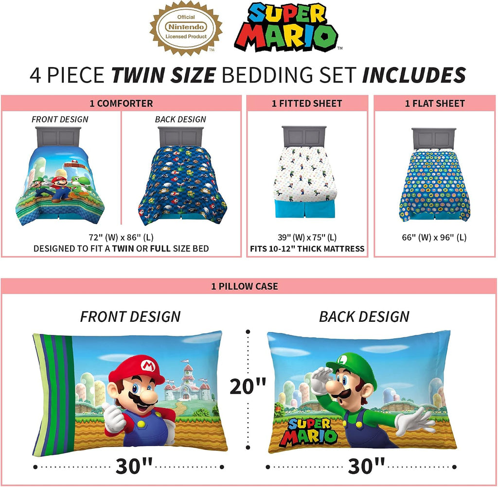 Super Mario Kids Bedding, 4 Piece Super Soft Cozy Reversible Comforter and Sheet Set, (Officially Licensed Product)
