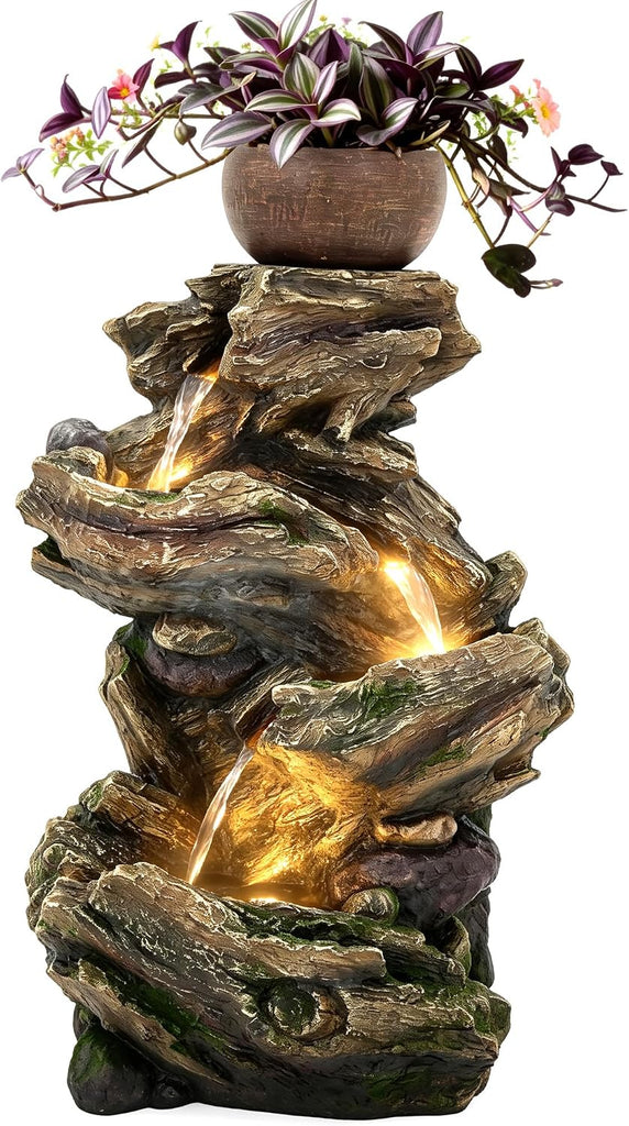 33" Rustic Tree Trunk Outdoor Water Fountain with Planters, Handcrafted 5-Tier Cascading Water Feature with Moss &