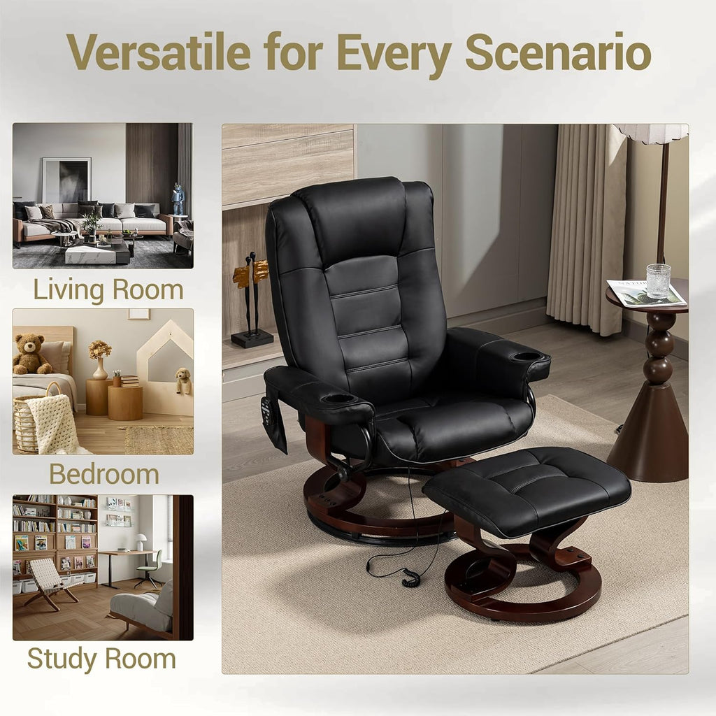 Modern Reclining Swivel Lounge Chair and Ottoman — Black PU Leather