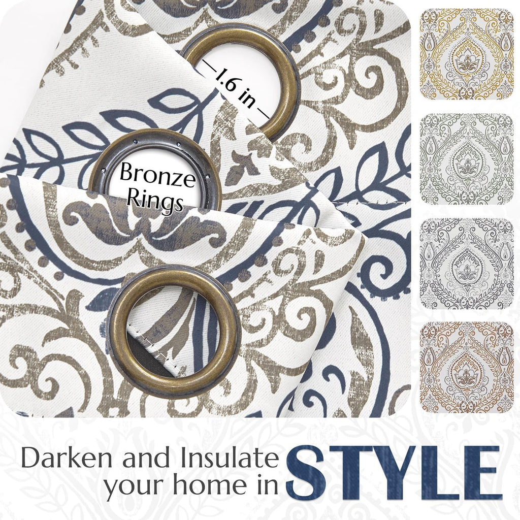 Blackout Curtains Blue Damask Medallion Curtain for Bedroom Black Out Drapes Printed Vintage Luxury