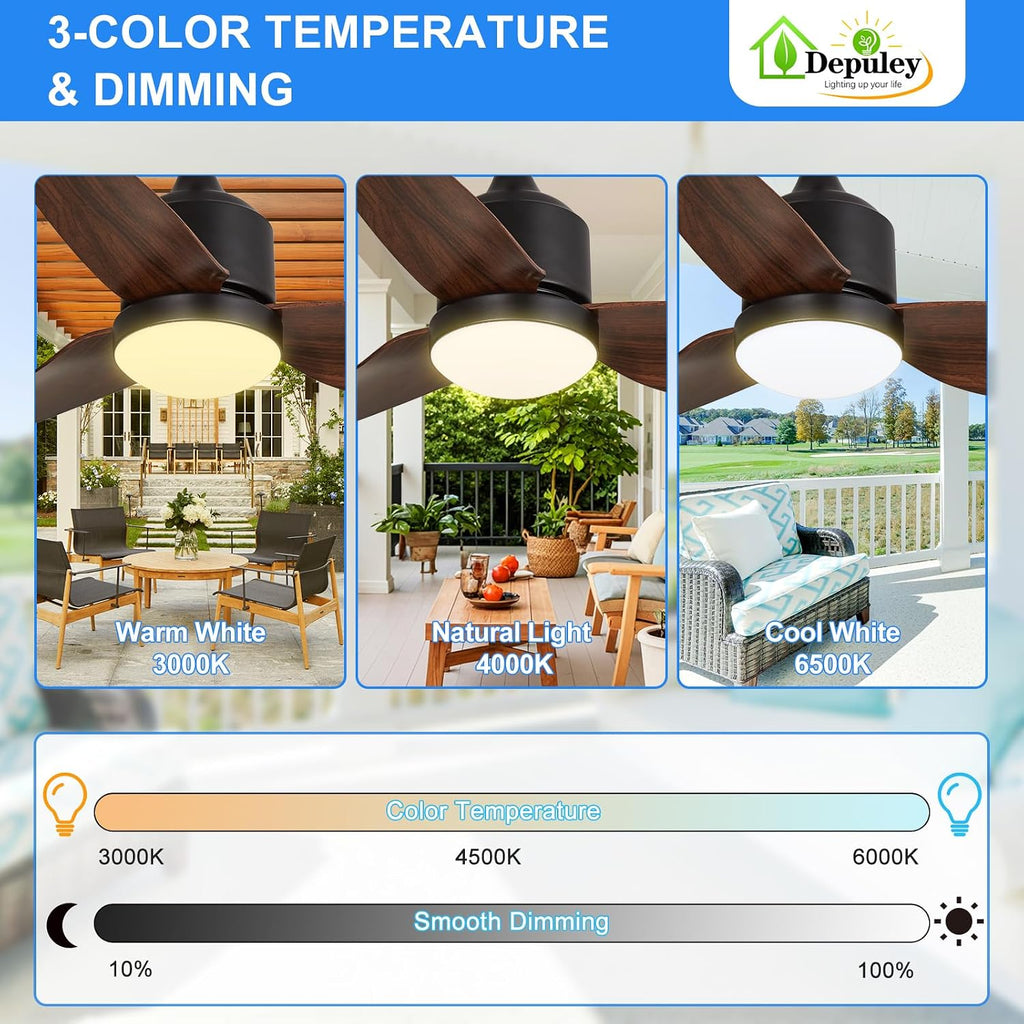 52 Inch Walnut Waterproof Gazebo Fans with Lights Outdoor Hanging - Plug in Fan for Patios - Dimmable Remote App Control