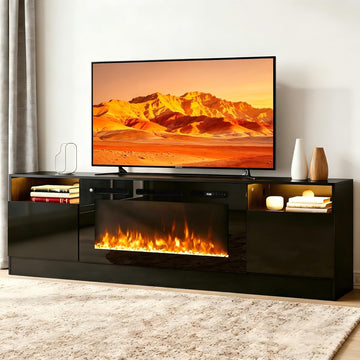 80" Fireplace TV Stand for TVs Up to 90", LED Light Entertainment Center with 36" Electric Fireplace, Modern Wood