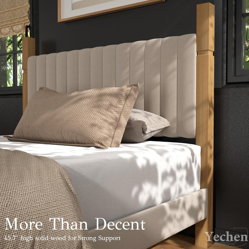 Queen Bed Frame with Headboard, Solid Wood Bed Frame Queen, Platform Bedframe Noise Free, No Box Spring Needed, Beige