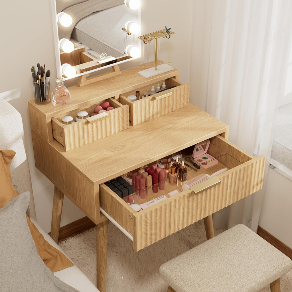 Small Vanity Desk with Hollywood Mirror and Lights, Girls Vanity with Stool, Fluted Vanity Set, Compact Make Up Table