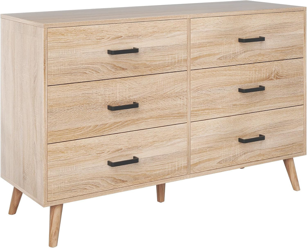 Wood Dresser , 6 Drawer Dresser with Metal Handles, Mid Century Modern Chest of Drawer Large Storage Organizer