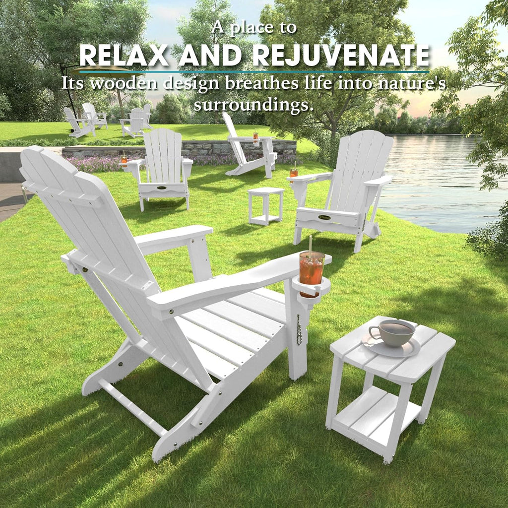 Folding Adirondack Chair Set of 2, HDPE Outdoor Chairs, Patio Chairs | All-Weather Fire Pit Chair Set of 2, with Cup