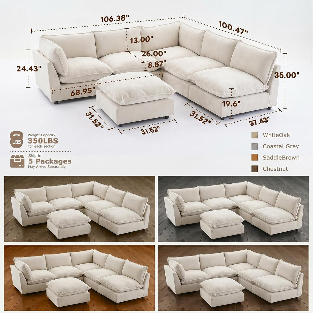 Modular Sectional Sofa, Oversized Chenille Cloud Couch, Deep Comfy Seat, 6-Seater Sofas Couches , Beige, High Feet