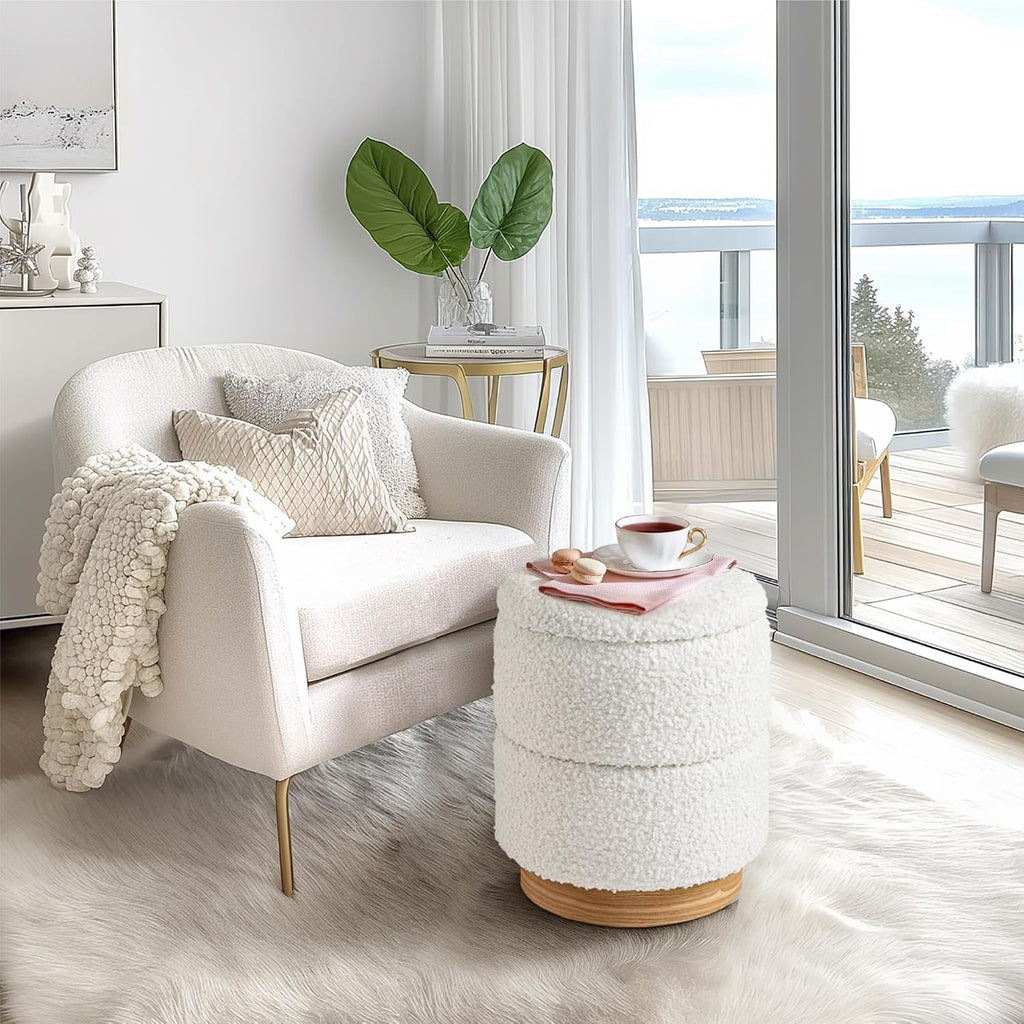 Round Ottoman with Storage, Modern Boucle Ottoman Upholstered Foot Stools with Wood Base, Vanity Stool Chair
