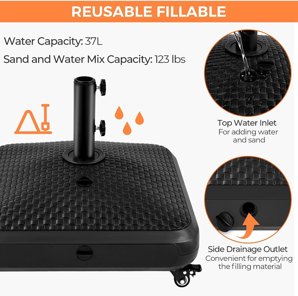 123lb Capacity Fillable Mobile Patio Umbrella Base, Windproof Heavy Duty Market Stand with 4 Wheels