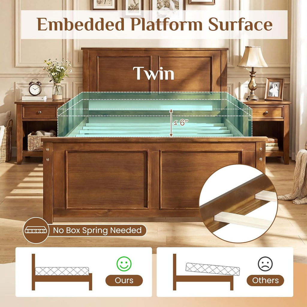 Wood Twin Bed Frames with Headboard, Farmhouse Solid Platform Bed w/Wooden Slat Support Mattress Foundation