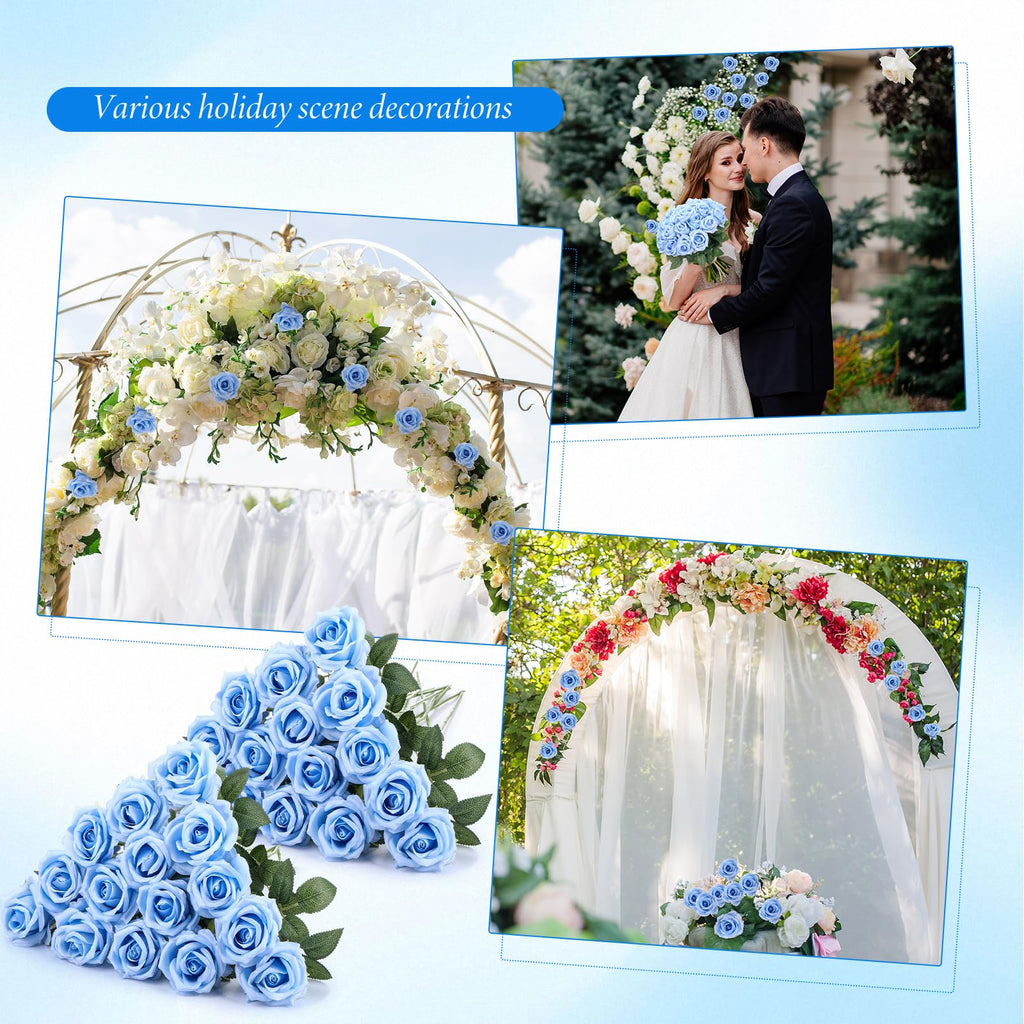 40 Pcs Artificial Roses Bulk, Long Stem Fake Flowers, Light Blue
