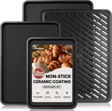 Nonstick Sheet Set with Cooling Rack, 4-Piece Cookie Sheets for , 0.8mm Heavy Duty Carbon Steel Oven Pans, Ceramic