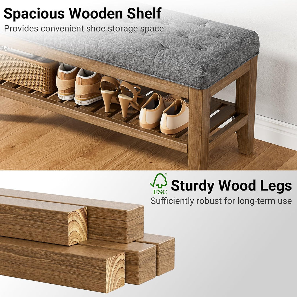 End of Bed Storage Bench, 42.9" Entryway Shoe Bench with Solid Wood Shelf, Upholstered Ottoman with Padded Seat and
