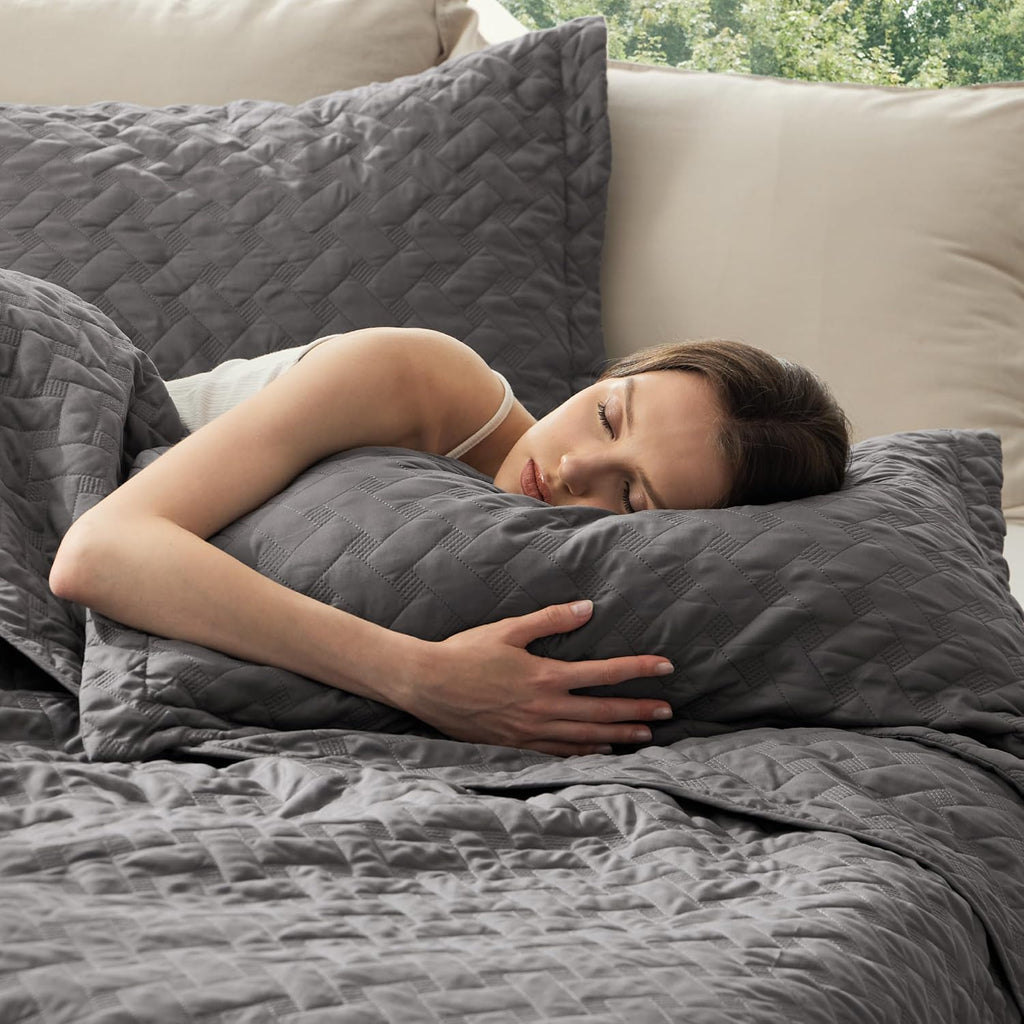 Quilts - Grey Bedspreads with Basket Weave Pattern, Soft Quilt Bedding Set, Lightweight Comforter Set
