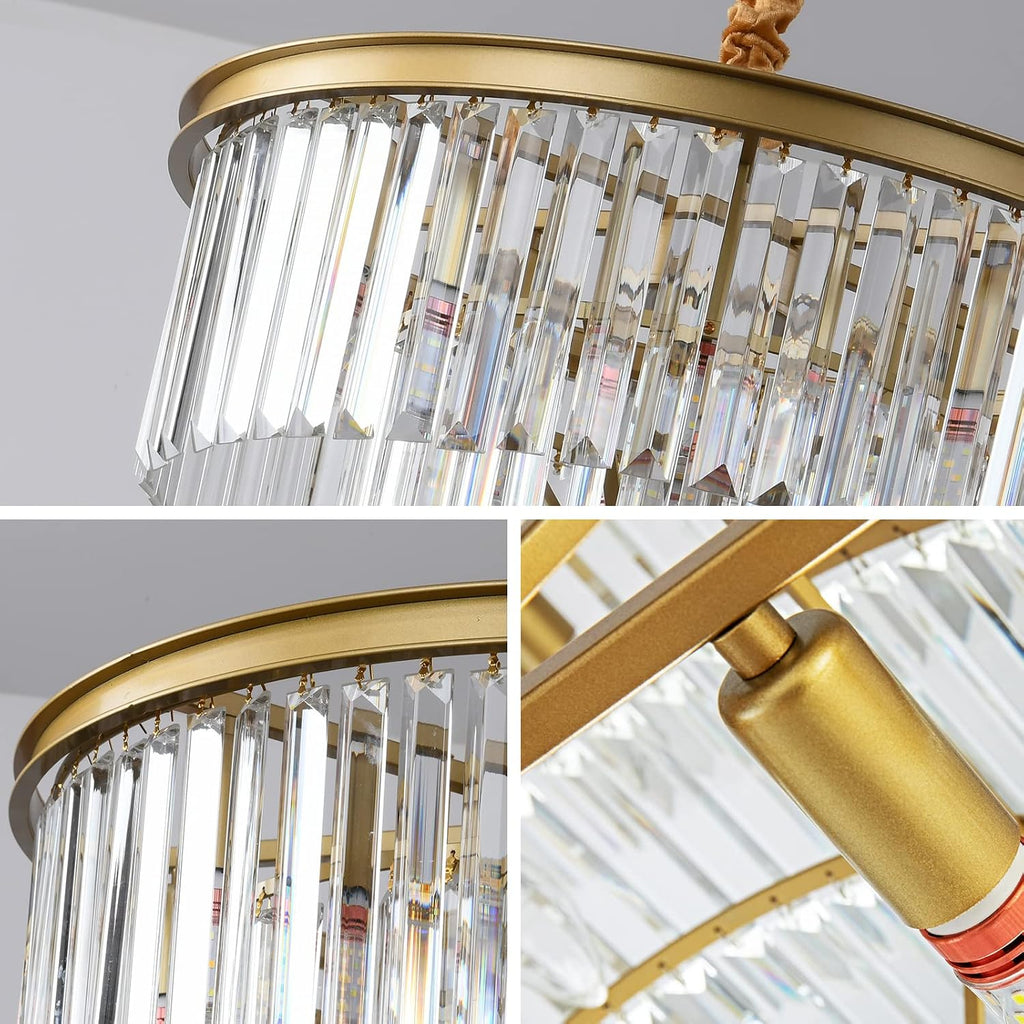 Gold Modern Crystal Chandelier, 3-Tier Round Flush Mount Ceiling Light Fixtures Height Adjustable Pendant Lighting