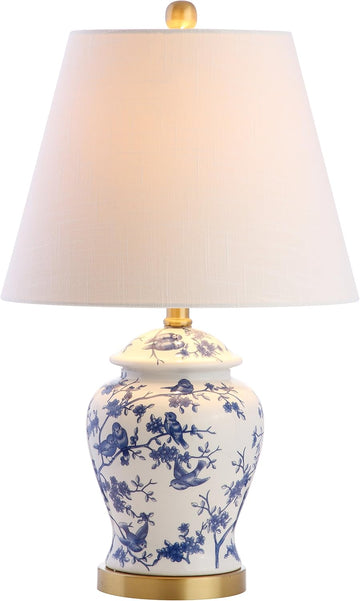 22" Blue/White Ceramic Table Lamp, French Country Chinoiserie Ginger Jar LED Bedside Lamp Bedroom, White Linen Shade