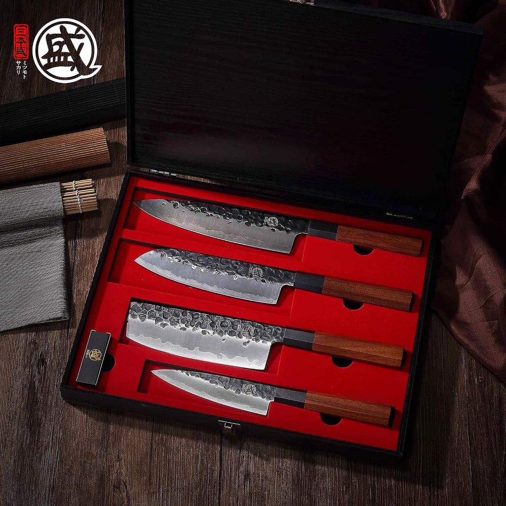 4-Piece Japanese Chef Knife Set, San-Mai 9Cr18MoV | Gyuto Santoku Nakiri Paring, Deep-Cryo Heat Treatment, Tsuchime