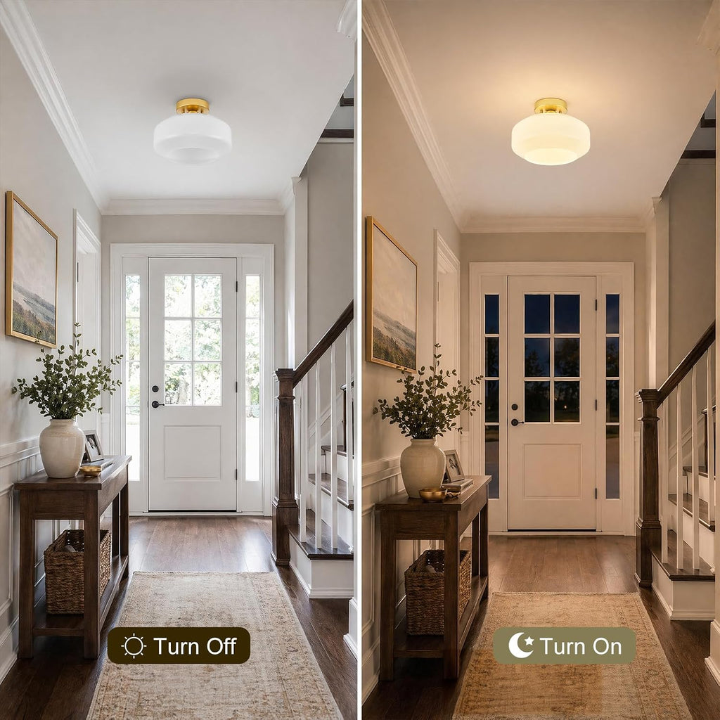 Mid-Century Modern Ceiling Light, Gold, 11.02 in, E26 | Milky White Glass Shade Light Fixture, Ceramic Socket