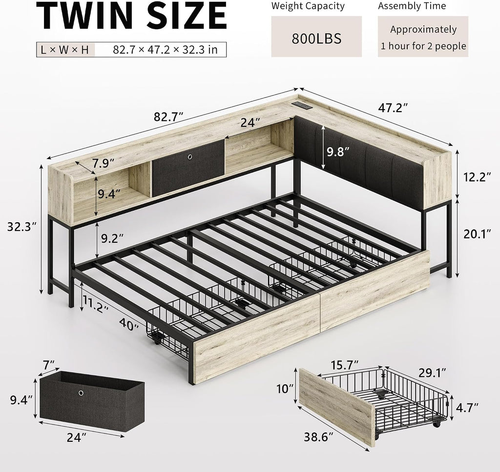 Twin Corner Bed Frame with 2 Storage Drawers, LED Lights & Charging Station, Storage Upholstered Headboard, Sturdy
