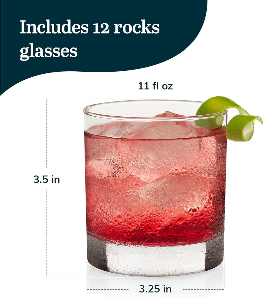 917CD Heavy Base Rocks Glasses Set of 12, Rocks Glass Cups Set with Simple Lines, Elegant Old Fashioned Glass for