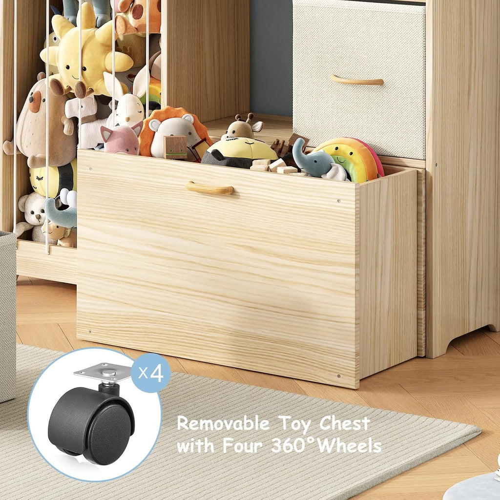 Toy Storage Organizer with Stuffed Animal Holder, Solid Wood Kids Toy Shelf with 2 Drawers, Rolling Toy Chest and Top