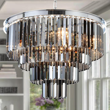Inspired Odeon Style Chrome Smoke Crystal 4-Tier Modern Chandelier W23.6"