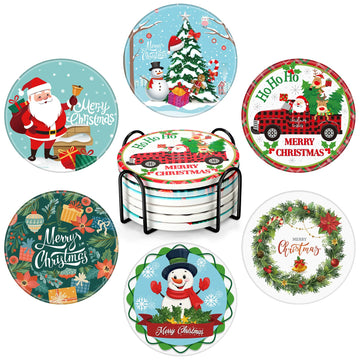6 Pcs Santa Christmas Coasters with Holder Ceramic Absorbent