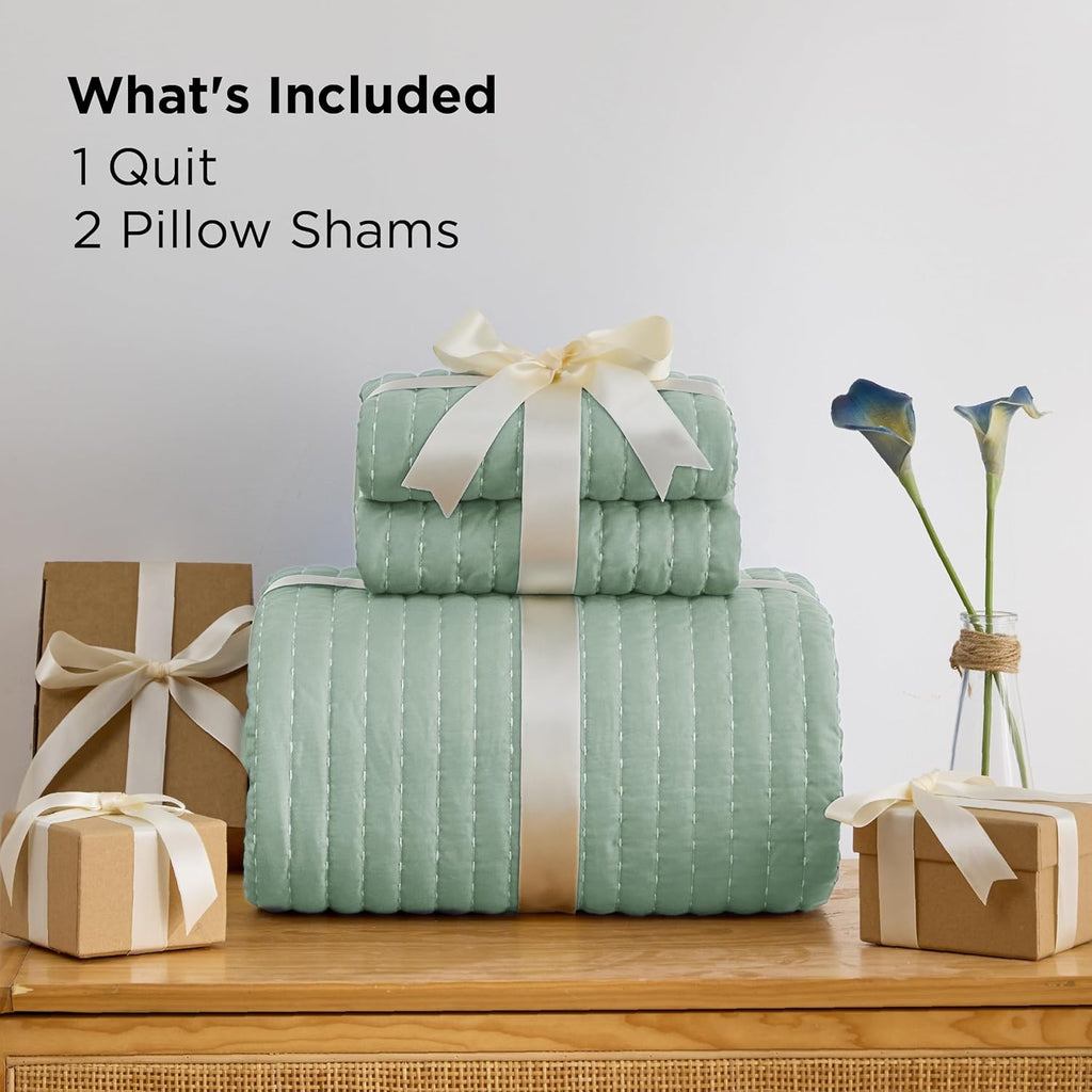 Green Quilts King - King Quilt Bedding Set Bedspread Coverlet, Lightweight Neutral Striped Bedding, 3-Piece Set with