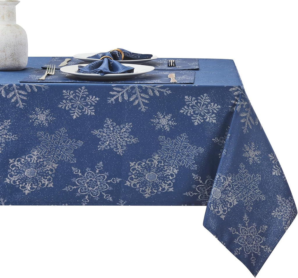 Rectangle Fancy Metallic Sparkling Snowflake Christmas Fabric Table Cloth red Hunter Gold Navy White
