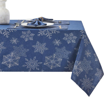 Rectangle Fancy Metallic Sparkling Snowflake Christmas Fabric Table Cloth red Hunter Gold Navy White