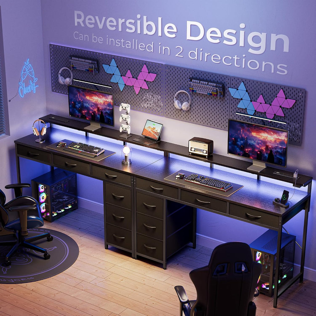 Gaming Desk with 6 Drawers, Computer Desk with LED Lights Power Outlets and Type-C, 47 Inch Office Desk with Storage