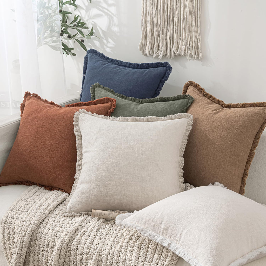 Decorative Throw Pillow Covers Neutral Linen Fringe Throw Pillows Set of 2 Natural Beige Boho Farmhouse Cushion Cases