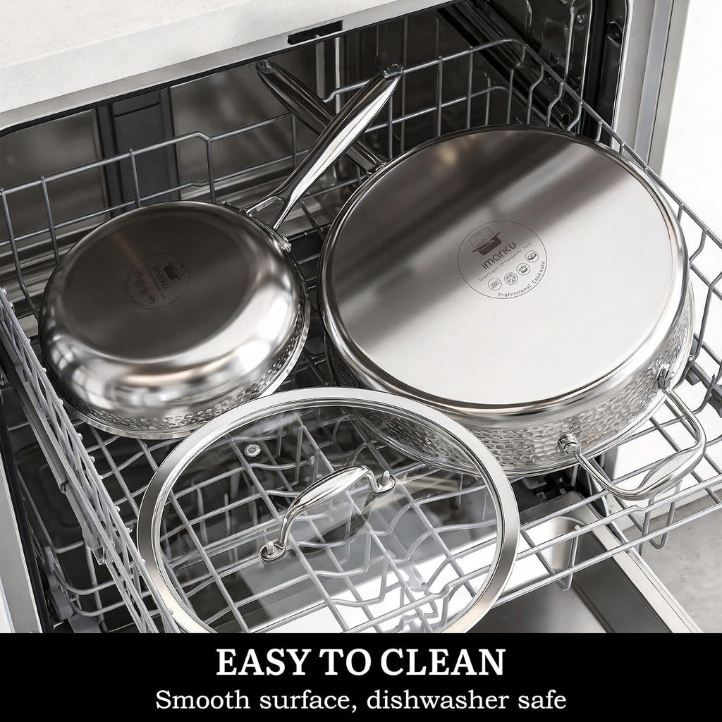 14-Piece Tri-Ply Hammered Stainless Steel Cookware Set | Multifunctional 14pc Pots and Pans with Steamer | Non-Toxic