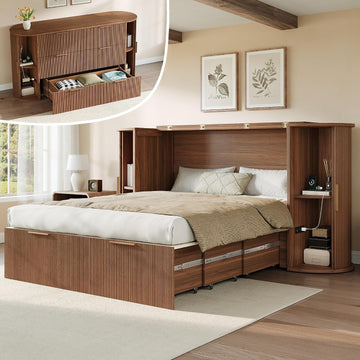 Full Murphy Bed with Storage Bedside Shelves & Sliding Tambour Door, Modern Cabinet Bed with Charging Station & Curved Fluted Design for Bedroom/Guest/Home Office, Brown