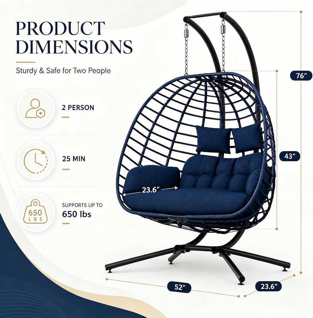 Double Egg Swing Chair 650lbs 2-Person w/Stand Dark Grey | 650lb cap, 52" cross base, shock-absorbing spring, 6