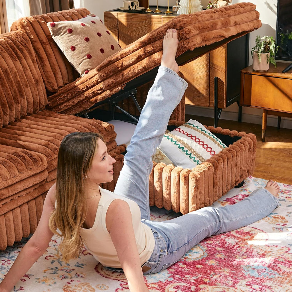 Corduroy Sleeper Sofa Bed with Storage Chaise Modular Sectional Sofa Couch with Pull Out Bed L Shaped