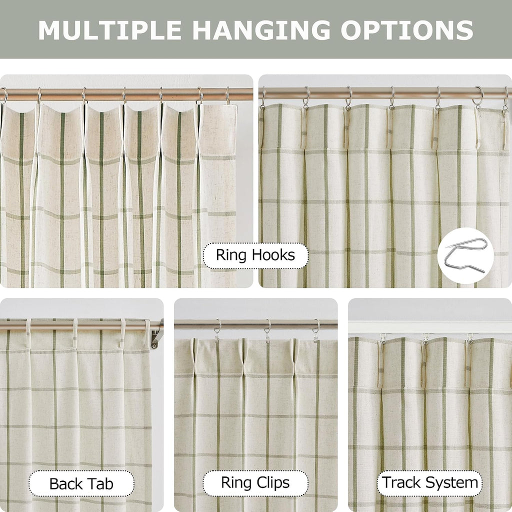 Sage Green Plaid Linen Pinch Pleated Semi Sheer Curtains Checkered Light Filtering Window Panels for Living Room Bedroom Rustic Pleat Drapes with Back Tab Hooks 40"W x 2 Panels