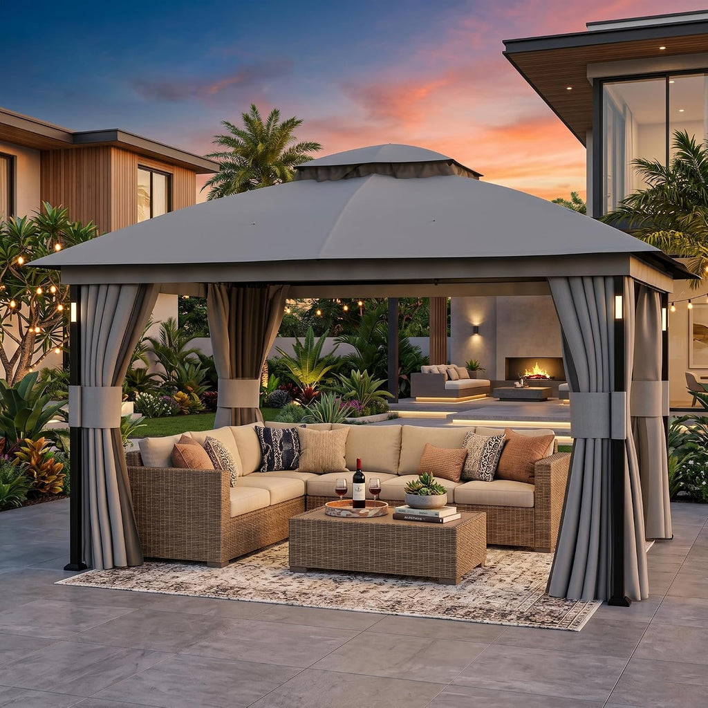 Patio Gazebo 11'x13' with LED Lights & Bluetooth Speaker, Heavy Duty Outdoor Canopy Shelter with Metal Frame - Gray