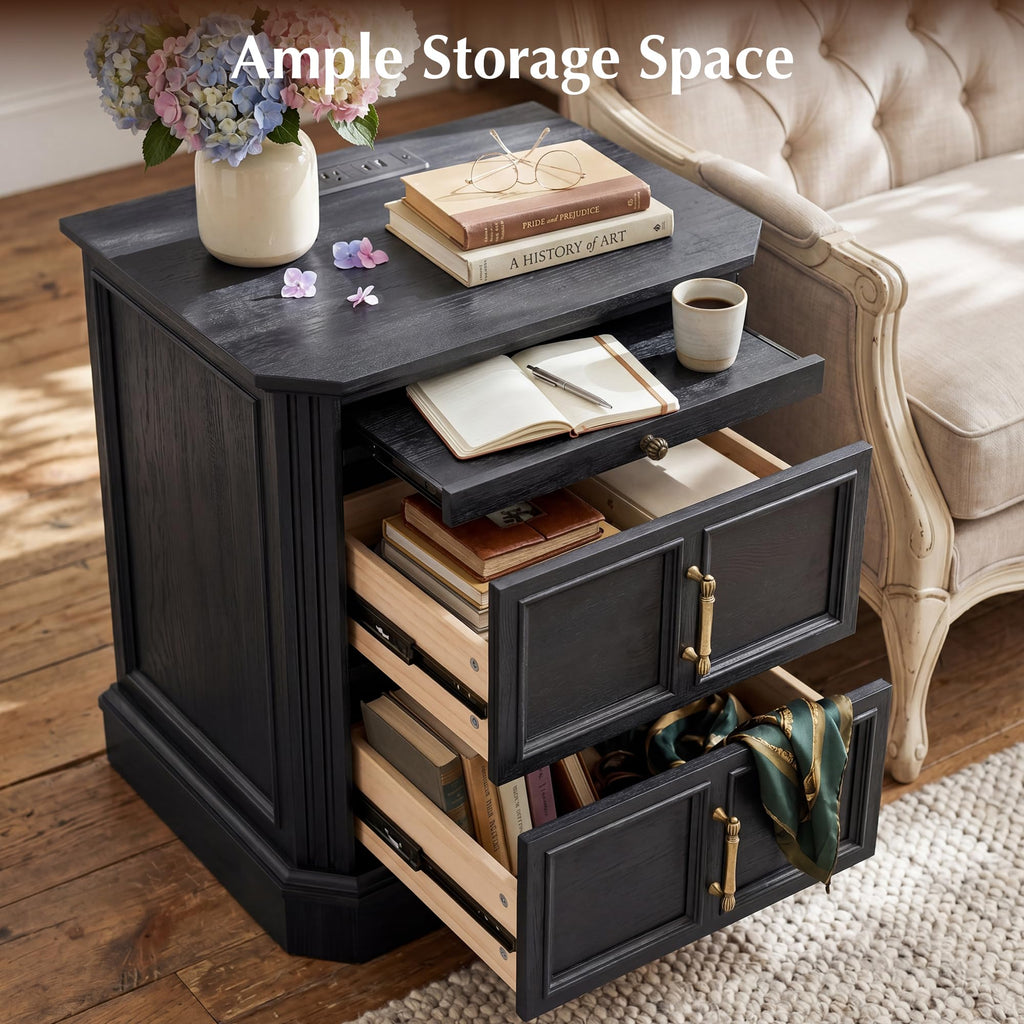 24.1" Tall Nightstands Set of 2 with Charging Station & Pull-Out Tray, 19.7" Wide Wood Bedside Table w/2 Drawers &