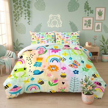 Cute Rainbow Comforter Set Queen, Frog Bedding for Kids Girls Teens