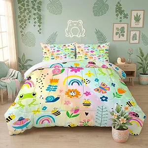 Cute Rainbow Comforter Set Queen, Frog Bedding for Kids Girls Teens