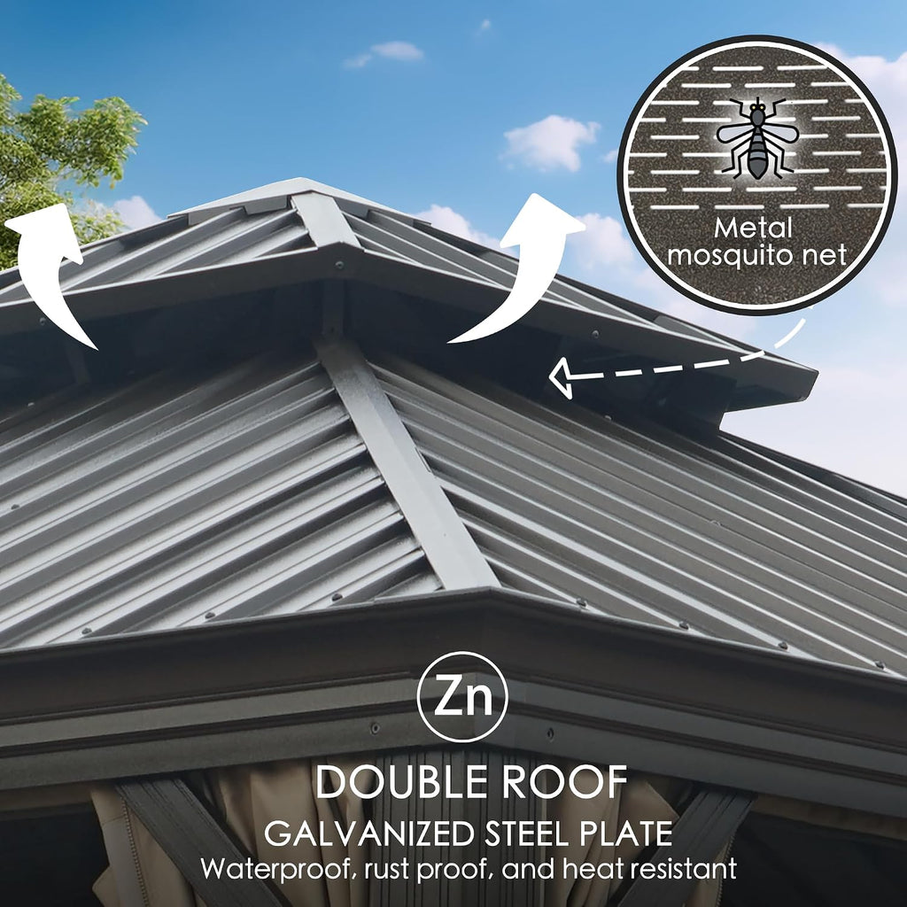 12' x 16' Hardtop Gazebo, Aluminum Frame with Galvanized Steel Double Roof