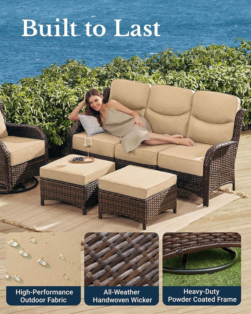 Luxury Outdoor Patio Furniture Set with 6-Inch Thick Cushions | High Back Wicker Swivel Rocker Chairs, 7 Pcs All