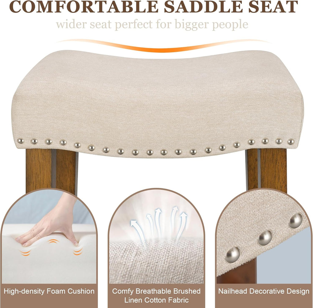 Counter Height Bar Stools Set of 3-26 Inch Backless Saddle Barstools with 4.3" Thick Upholstered, Nailhead Trim Linen