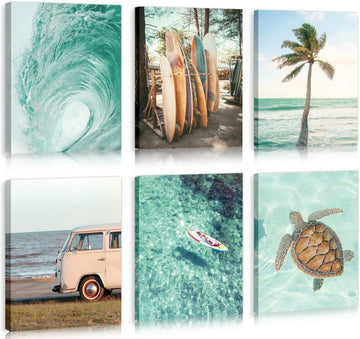Beach Canvas Wall Art, Tropical Summer Ocean Coastal Posters, Set Of 6 Piece (8x10inch,Framed) Preppy Gallery Beachy