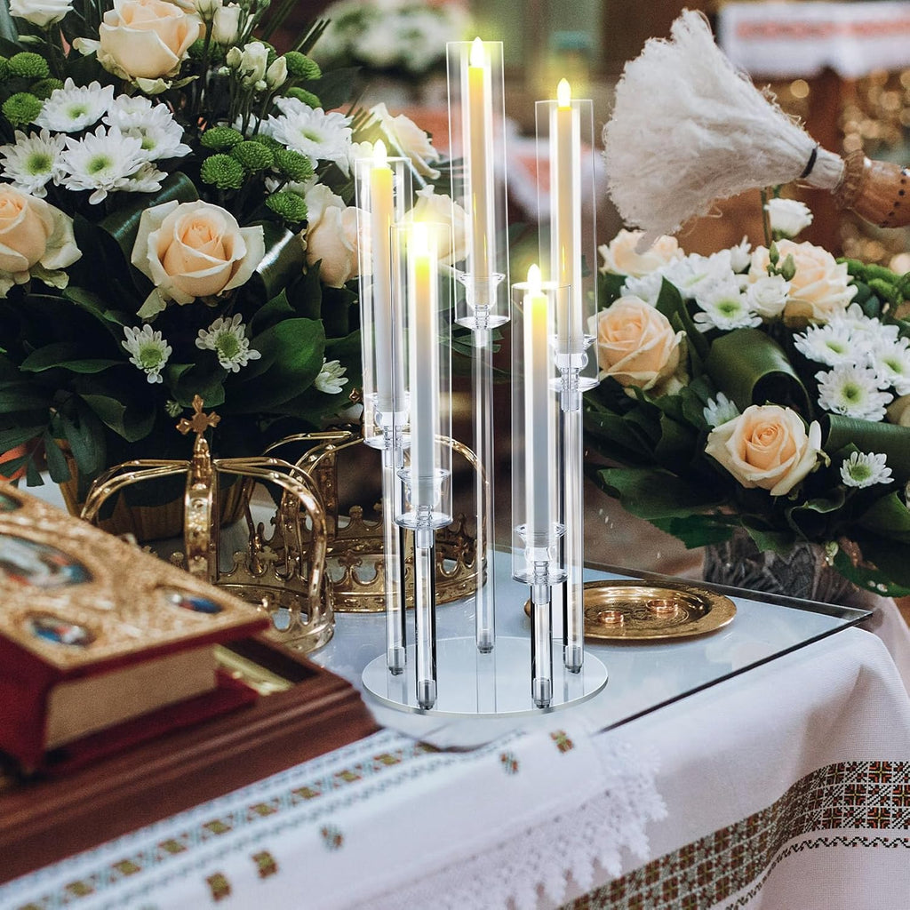 2 Pack 5 Arms Acrylic Candelabra Candle Holder Clear Candelabra Centerpieces, Crystal Candlesticks Pillar Taper