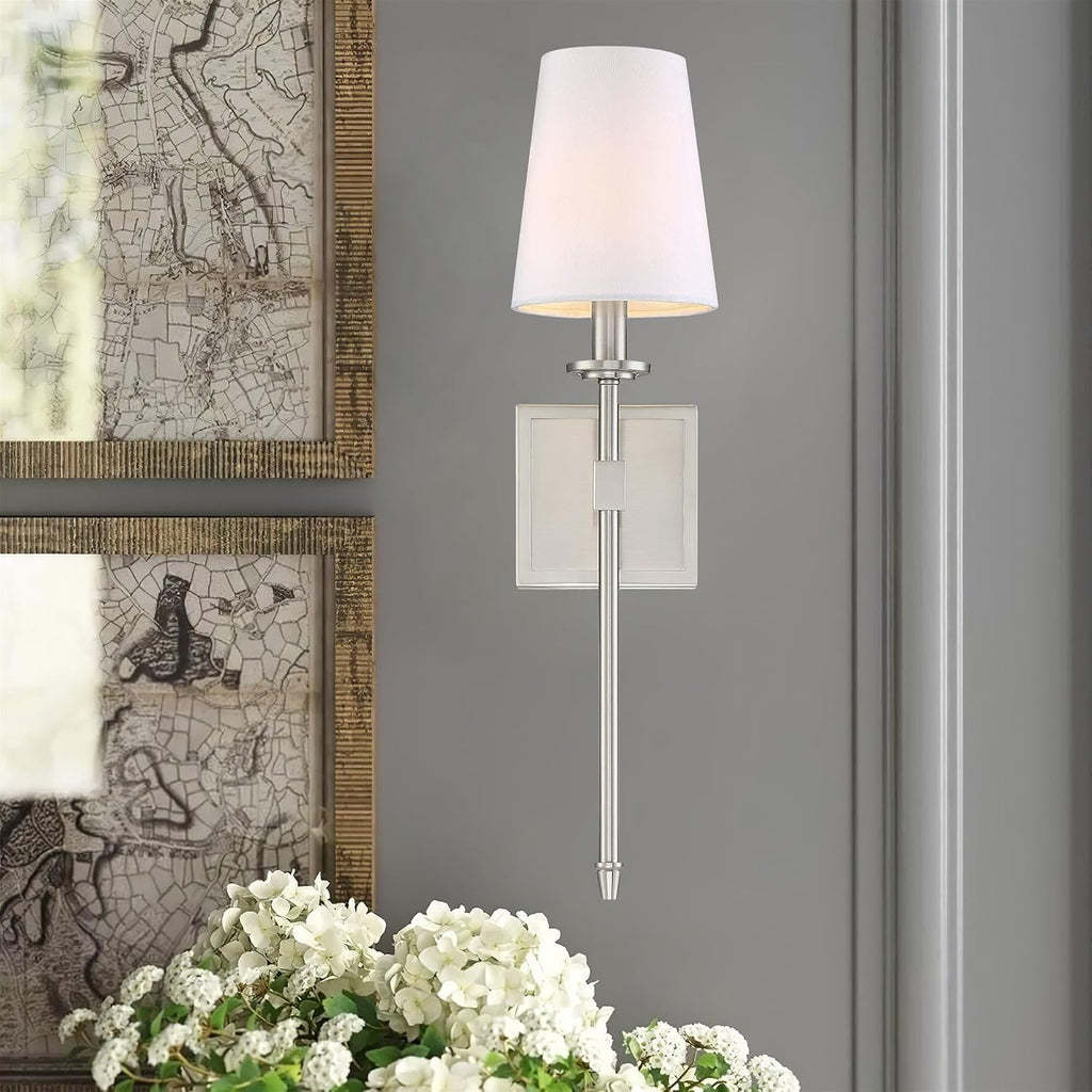 Torche 20" Mid Century Modern Wall Sconce Vanity | Tapered White Linen Shade, Silver Candle Wall Light with Elongated