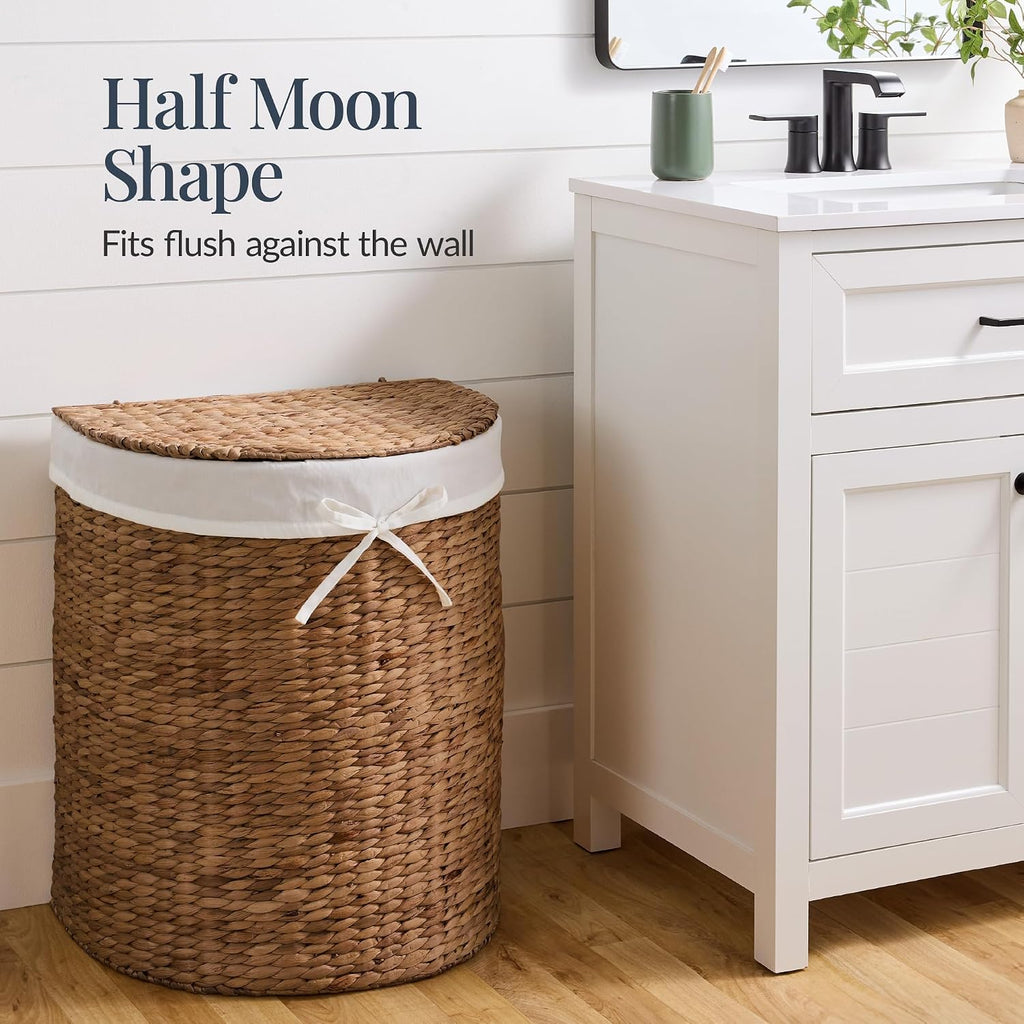 Half Moon Laundry Hamper w/Lid, Woven Half Round Laundry Basket, w/Removable Liner & Bult-in Handles & Laundry Room