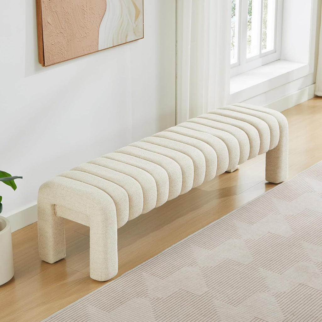 63" Bedroom Bench, Upholstered Entryway Bench, Modern End of Bed Ottoman with Solid Wood Legs and Adjustable Foot